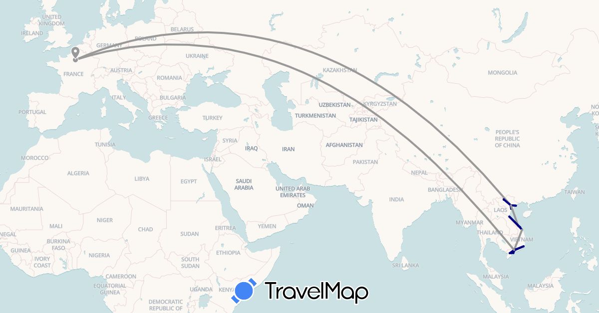 TravelMap itinerary: driving, plane, train in France, Vietnam (Asia, Europe)